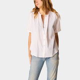 Natalie Martin Violet Top in White Flat Cotton styled with vintage wash denim and relaxed everyday fit