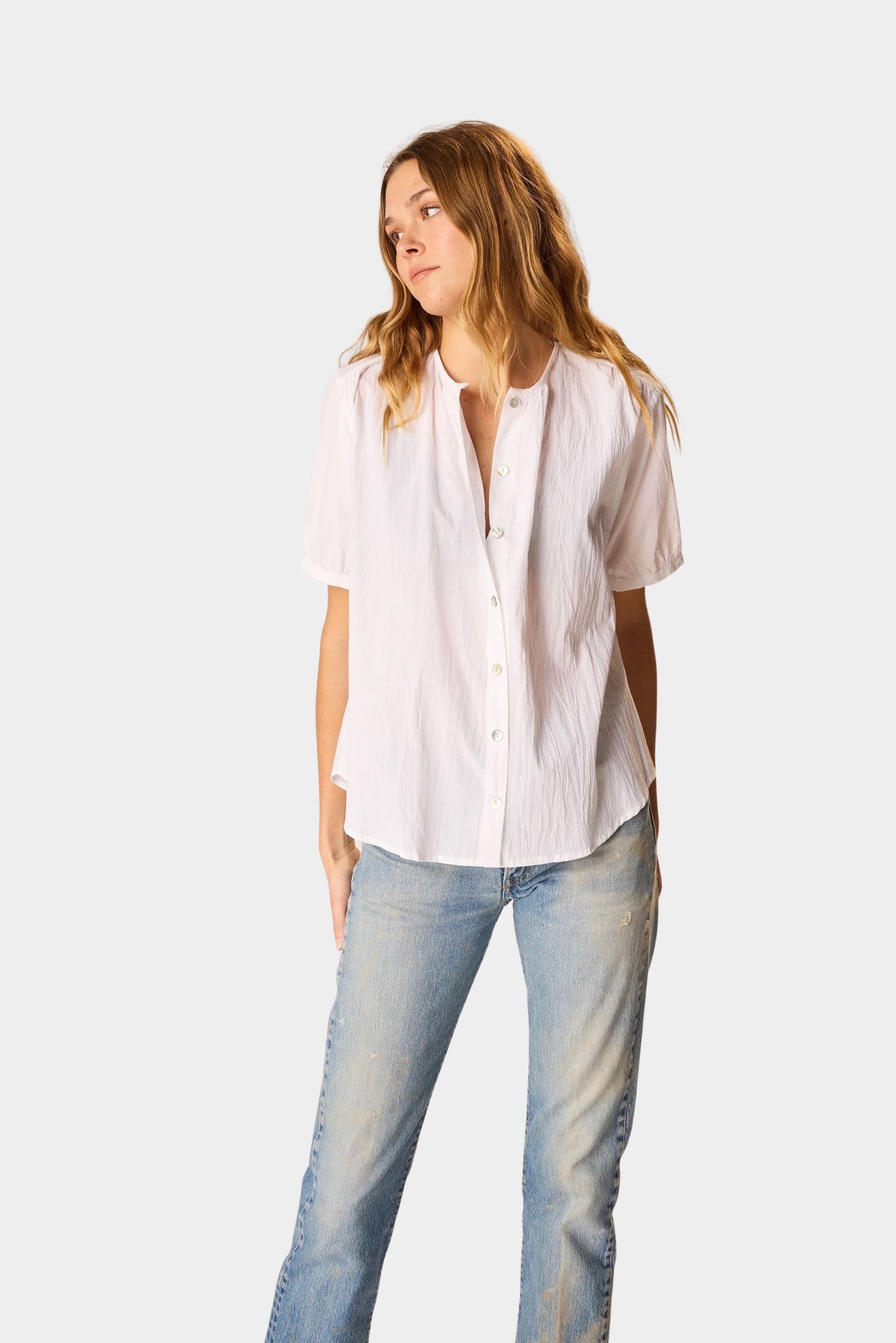 Natalie Martin Violet Top in White Flat Cotton styled with vintage wash denim and relaxed everyday fit