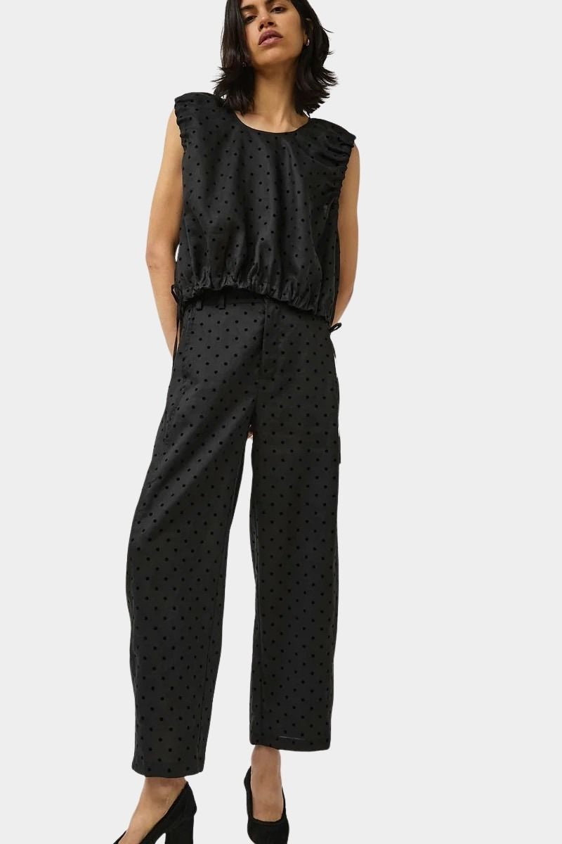 No.6 Anabel Top black dot linen cropped sleeveless top front view
