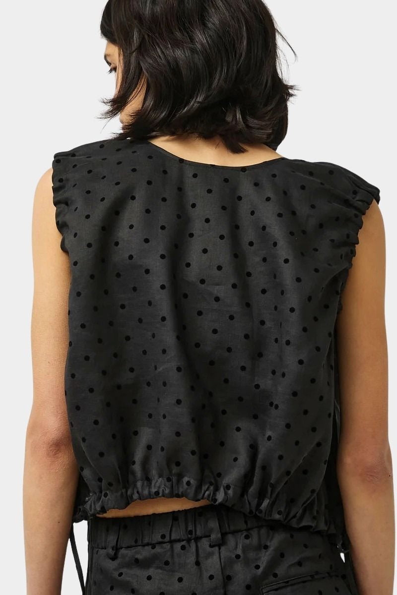 No.6 Anabel Top black dot linen with elastic hem back detail