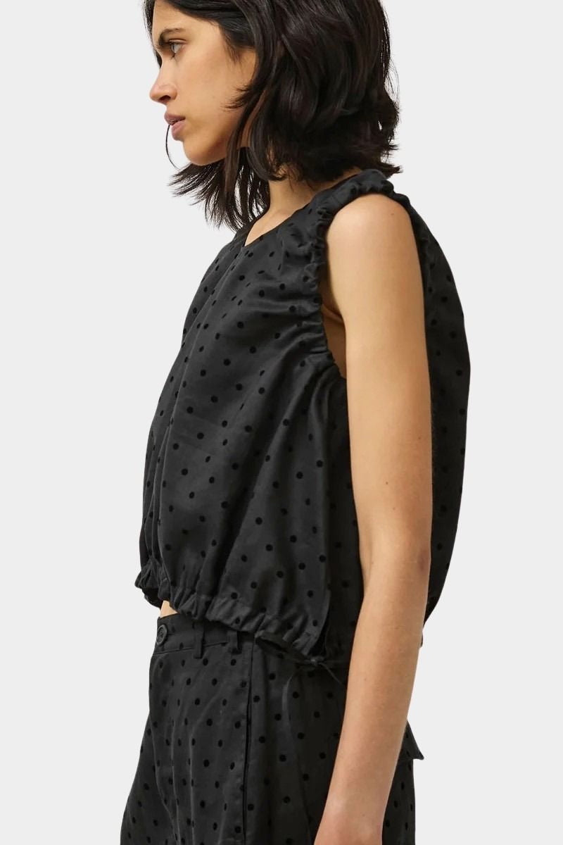 No.6 Anabel Top black polka dot linen sleeveless side view