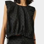 No.6 Anabel Top black dot linen with gathered hem detail