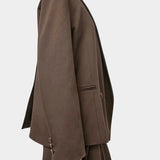 No.6 Austin Blazer in Chocolate, side view showing the relaxed shape and buttoned cuff