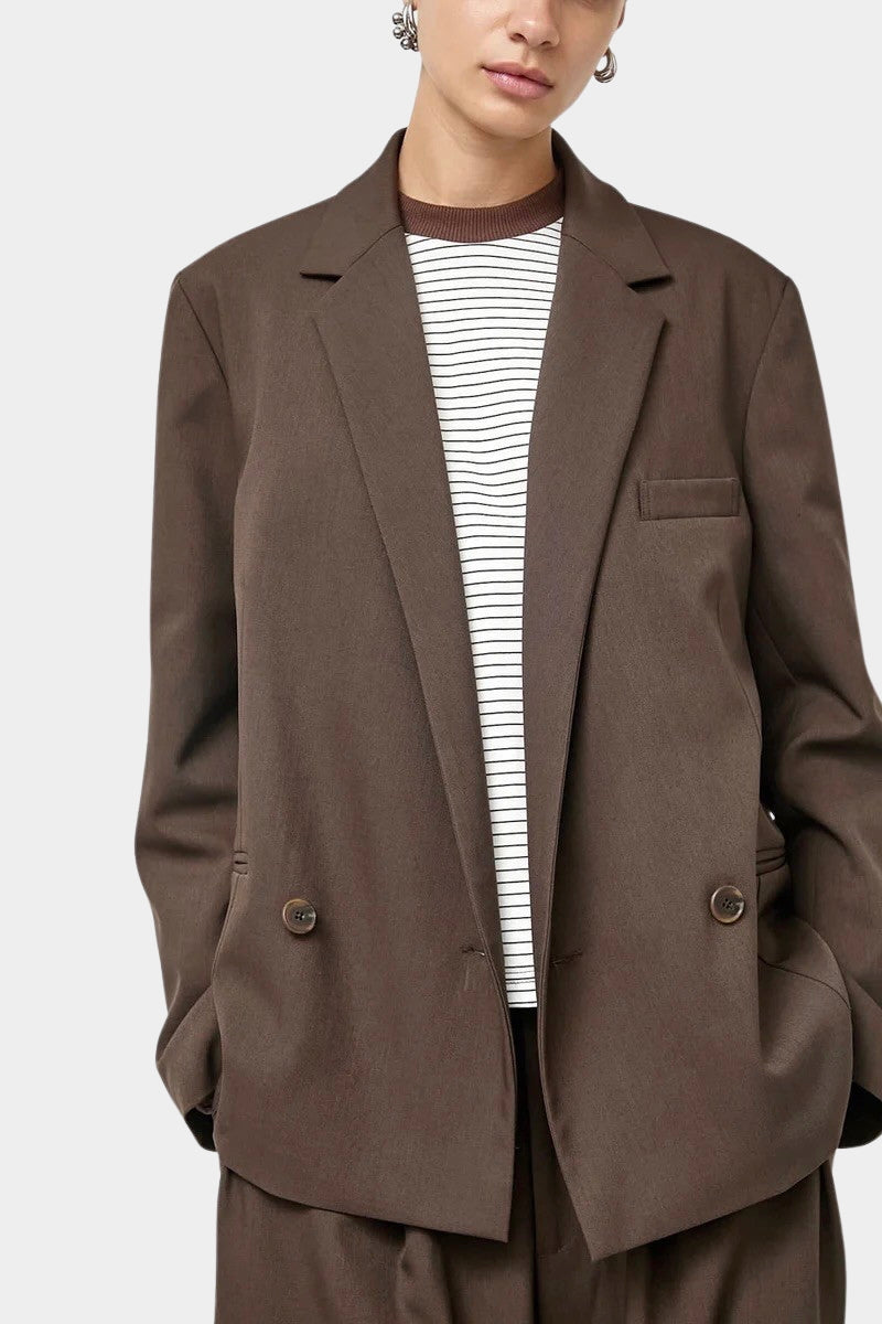 No.6 Austin Blazer in Chocolate, front detail of notched lapels, chest pocket and buttons at YUCCA Denver