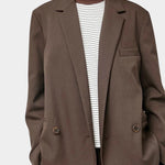 No.6 Austin Blazer in Chocolate, front detail of notched lapels, chest pocket and buttons at YUCCA Denver
