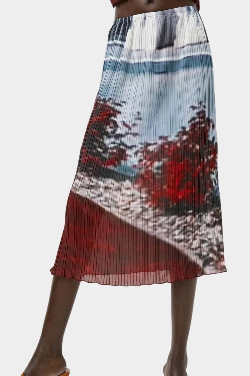 No.6 Hiroko slim pleated skirt in Cinema print with dreamy landscape-inspired artwork, lightweight texture, and midi silhouette