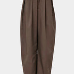 No.6 Holland Pant in Chocolate, front view of the pleats, waistband and wide leg