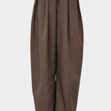No.6 Holland Pant in Chocolate, front view of the pleats, waistband and wide leg