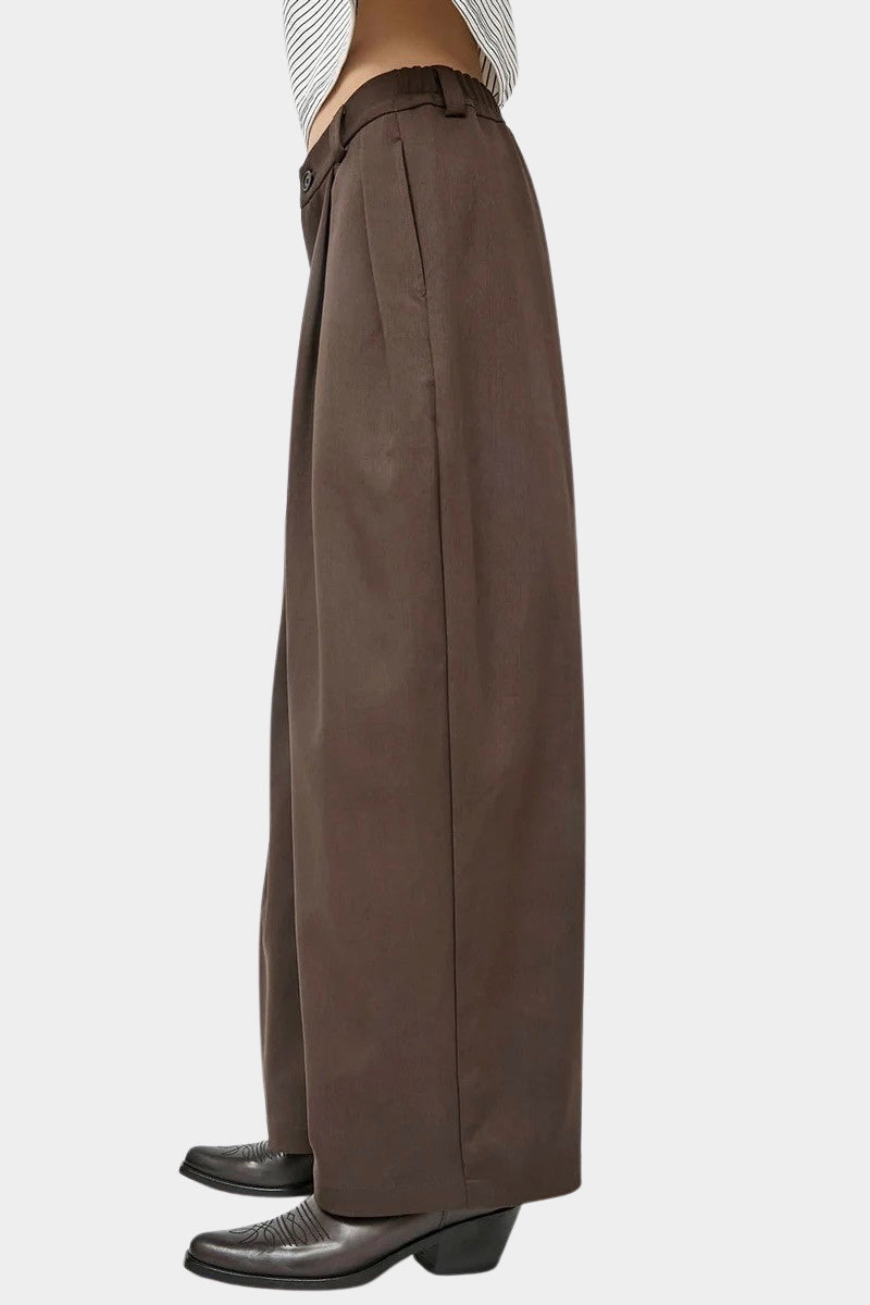 No.6 Holland Pant in Chocolate, side view showing the wide leg and elasticated back waistband