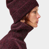 No.6 Knit Beanie in Bordeaux worn with a matching sweater, side view of the folded cuff at YUCCA Denver