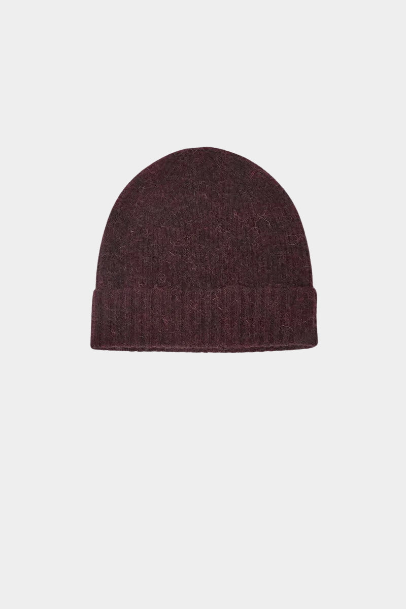 No.6 Knit Beanie in Bordeaux, front product view showing the fuzzy knit and ribbed cuff