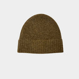 No.6 Knit Beanie in Khaki, front product view showing the fuzzy texture and folded cuff at YUCCA Denver