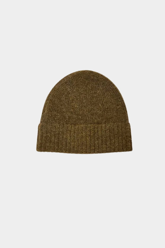 No.6 Knit Beanie in Khaki, front product view showing the fuzzy texture and folded cuff at YUCCA Denver