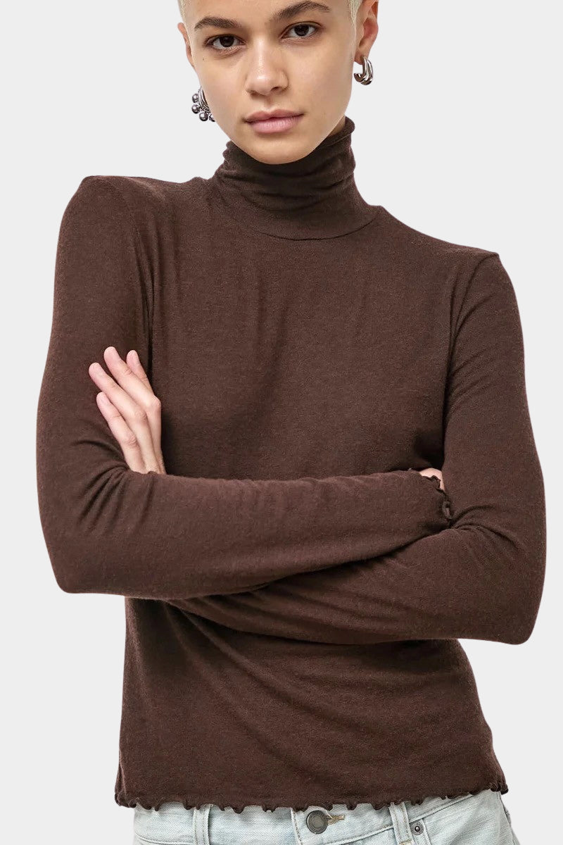 No.6 Lennon Turtleneck in Espresso, close front view of the turtleneck and long sleeves
