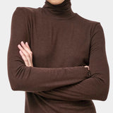 No.6 Lennon Turtleneck in Espresso, close front view of the turtleneck and long sleeves