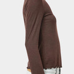 No.6 Lennon Turtleneck in Espresso, side detail showing the fabric drape and lettuce hem