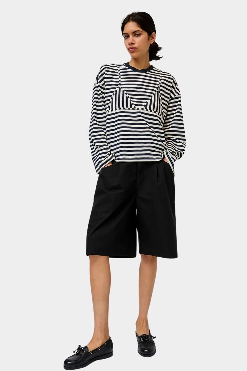No.6 Mick Short in black cotton ripstop high-rise bermuda shorts full look styled with striped top and black loafers