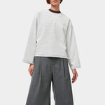 No.6 Nora Top in White Stripe, full front view styled with gray wide leg shorts