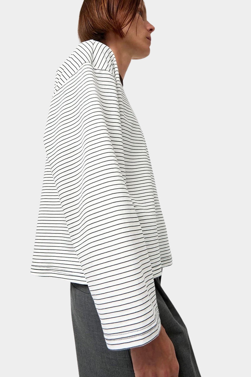 No.6 Nora Top in White Stripe, side profile highlighting the dropped shoulder and wide cuff