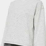 No.6 Nora Top in White Stripe, angled front view showing the brown crew neck and wide sleeve at YUCCA Denver