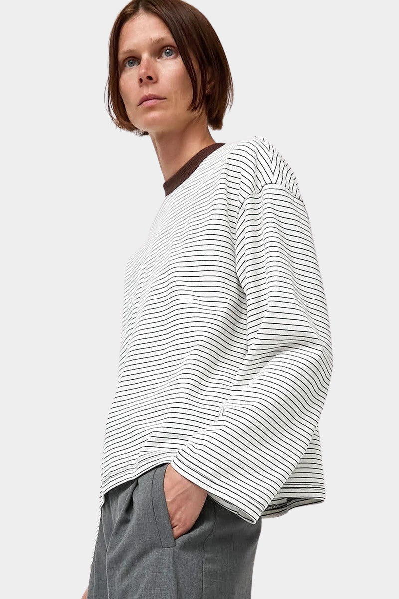 No.6 Nora Top in White Stripe, front detail of fine stripes, contrast neckline and dropped shoulders