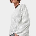 No.6 Nora Top in White Stripe, front detail of fine stripes, contrast neckline and dropped shoulders