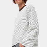 No.6 Nora Top in White Stripe, front detail of fine stripes, contrast neckline and dropped shoulders