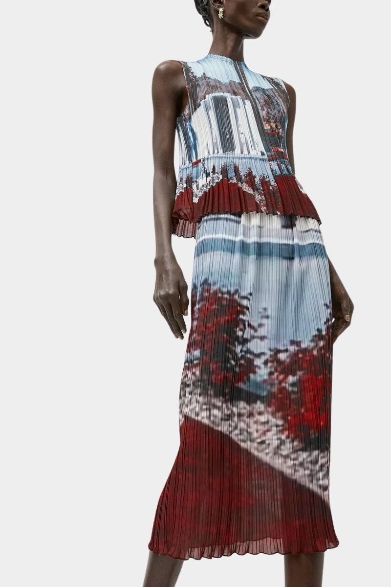 Pleated printed tank top in washed blue and crimson tones by No.6 available at SHOP YUCCA Denver