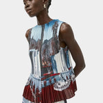 Side profile of No.6 pleated sleeveless top with soft movement and artful print at SHOP YUCCA Denver