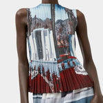 Sculptural pleated tank top in Cinema print with fluid drape and architectural shape at SHOP YUCCA Denver