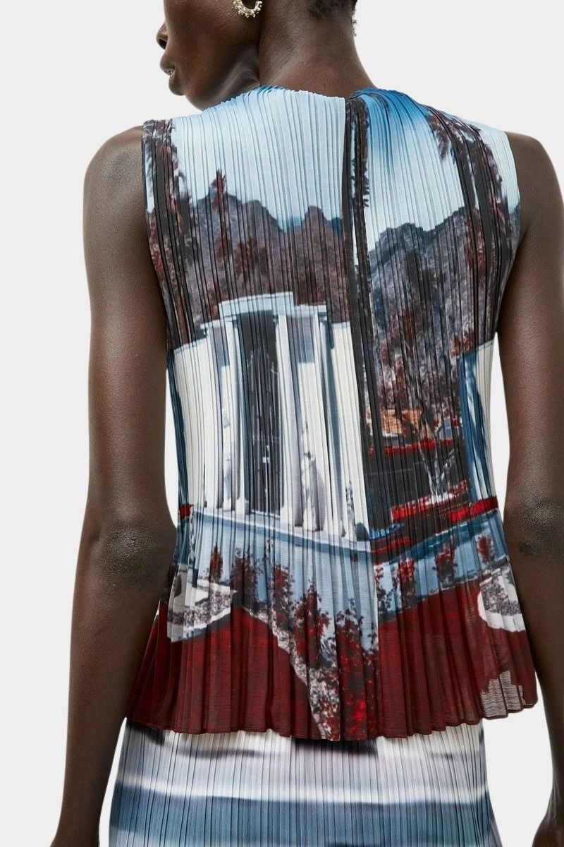 Back view of pleated high neck tank with dreamy landscape print by No.6 at SHOP YUCCA Denver