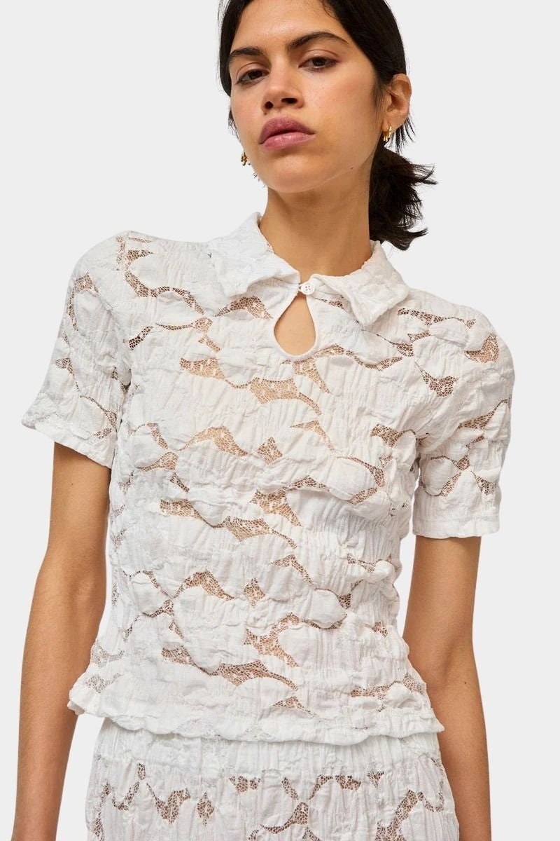No.6 Rema Top in White lace blouse with structured collar and front keyhole opening