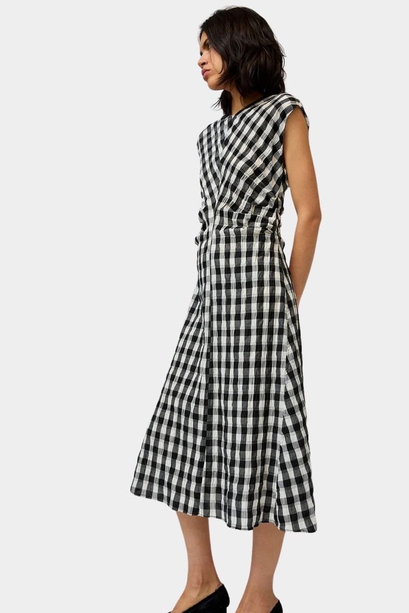 No.6 Rochelle Dress black white gingham side view with draped bodice