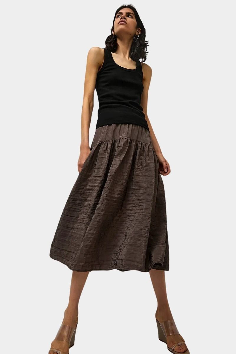 Full look featuring No.6 Sophia Skirt Slate styled with black tank and wedge sandals at SHOP YUCCA Denver