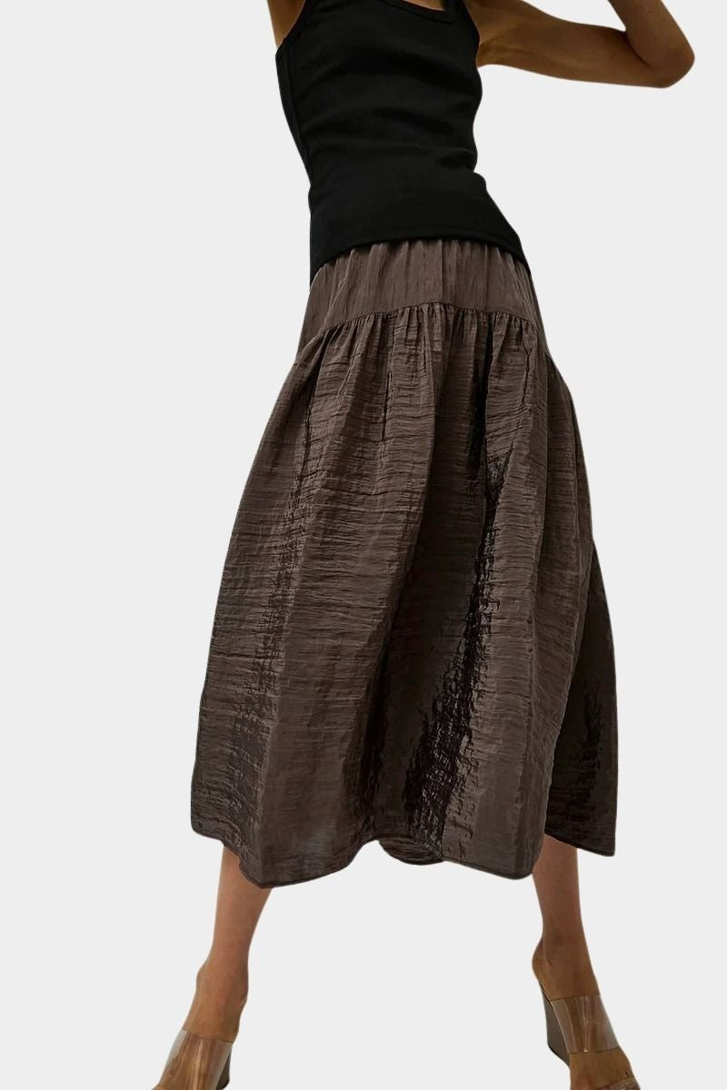 Flowing slate brown midi skirt with crinkled texture and soft volume by No.6 at SHOP YUCCA Denver