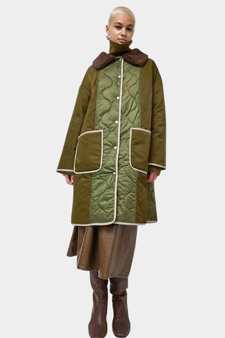 No.6 Summit Jacket in Olive, full front view with quilted panels and brown collar at YUCCA Denver