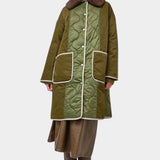 No.6 Summit Jacket in Olive, full front view with quilted panels and brown collar at YUCCA Denver