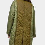 No.6 Summit Jacket in Olive, back view showing the contrasting quilted panels and long hem