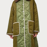 No.6 Summit Jacket in Olive, front detail of the fuzzy collar, snap closure and patch pockets