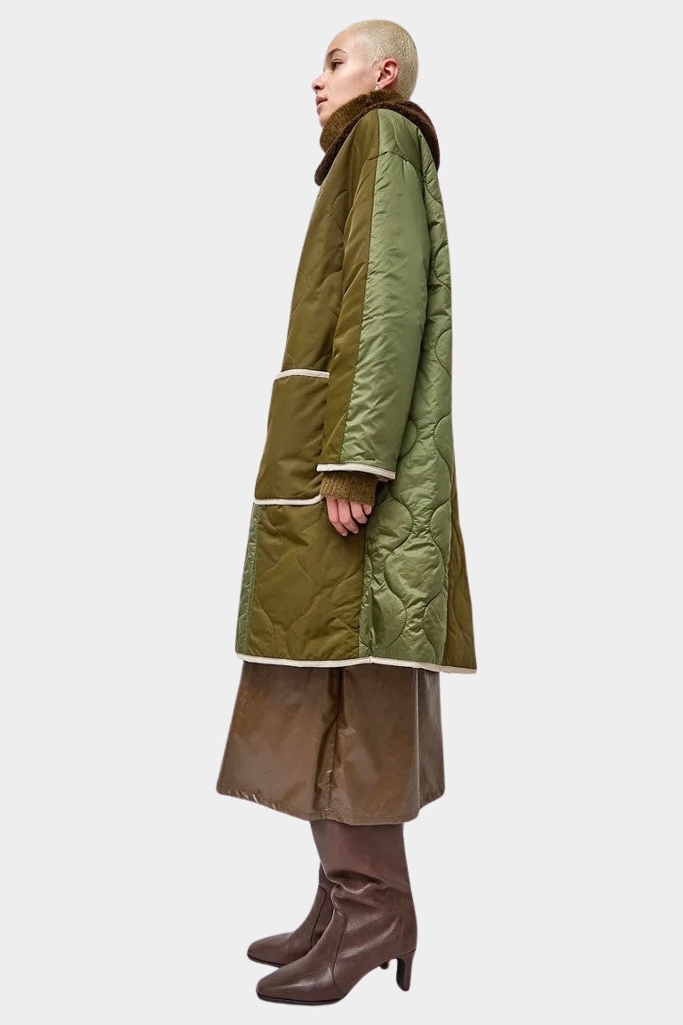 No.6 Summit Jacket in Olive, full side profile showing the relaxed shape and above knee length