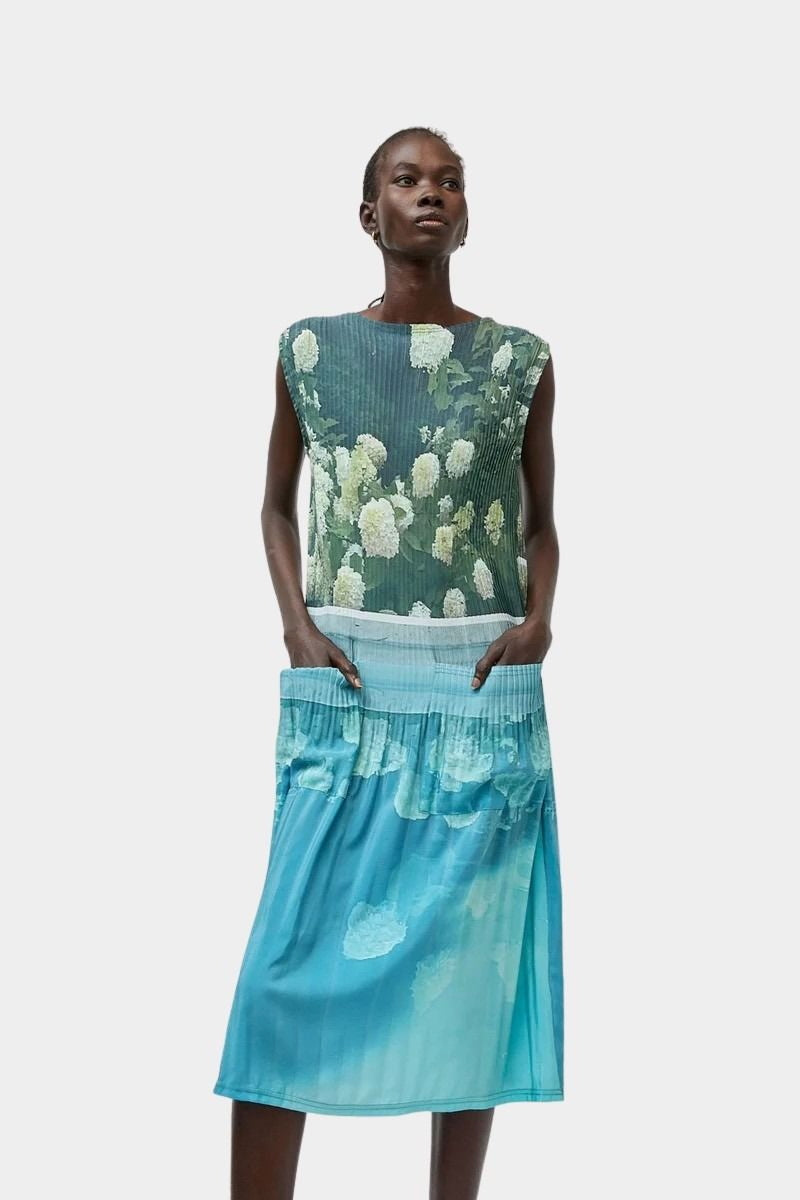 No.6 Tierney Dress in Bellport Blue floral pleated midi dress with relaxed silhouette