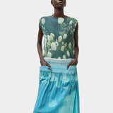 No.6 Tierney Dress in Bellport Blue floral pleated midi dress with relaxed silhouette