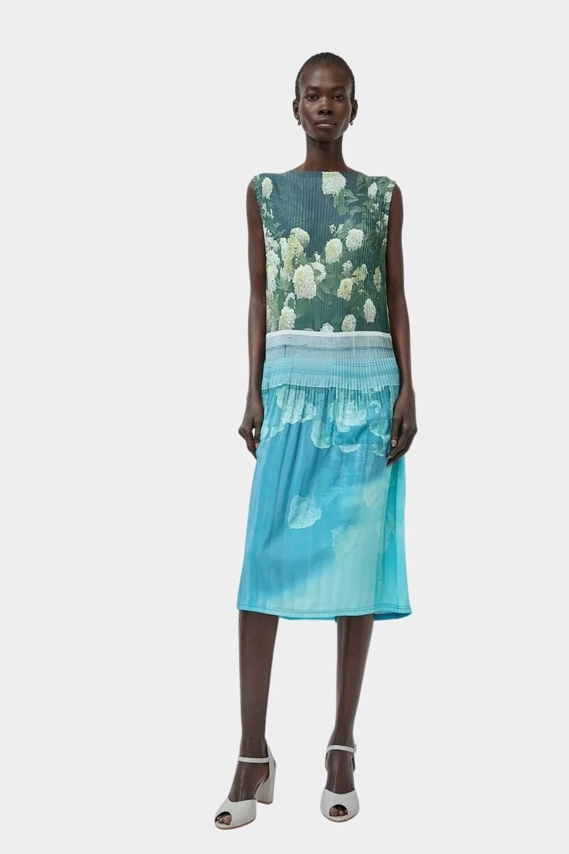 No.6 Tierney Dress Bellport Blue sleeveless midi with pleated bodice and tiered skirt