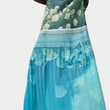 No.6 Tierney Dress in Bellport Blue sleeveless pleated midi dress with hydrangea floral print
