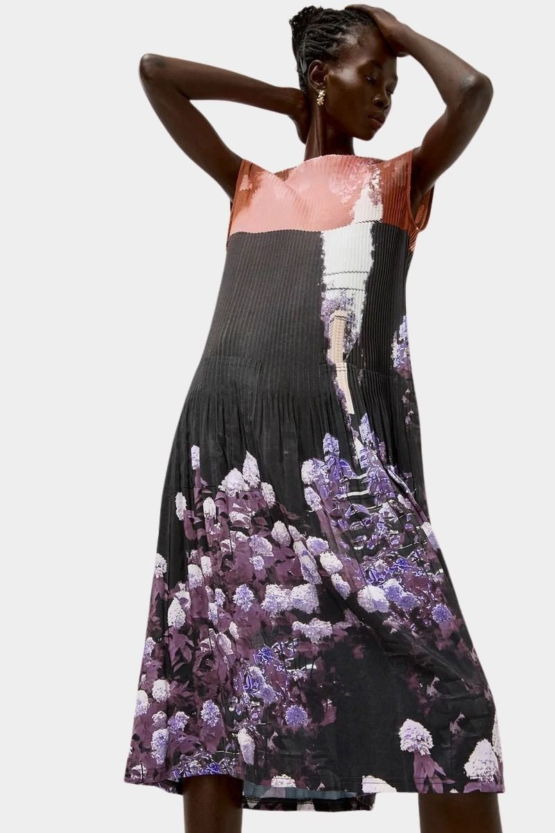 No.6 Tierney Dress in Eclipse featuring fluid pleated fabrication, sleeveless midi silhouette, abstract floral imagery, and lightweight sculptural drape.