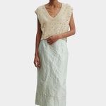 Rachel Comey Acrea Top dove hand beaded knit vest styled with mint skirt front view