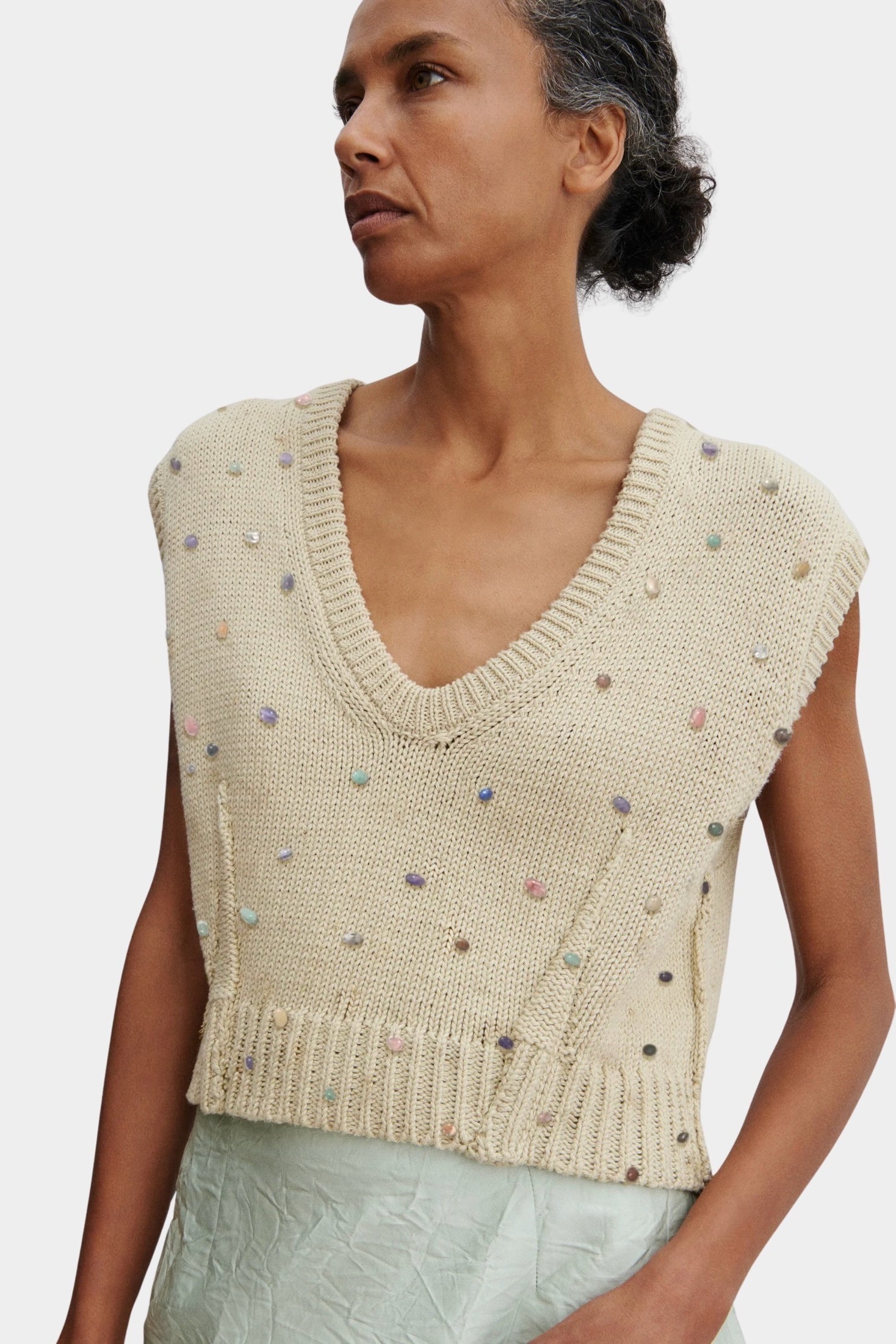 Rachel Comey Acrea Top dove hand beaded cotton knit vest cropped silhouette detail