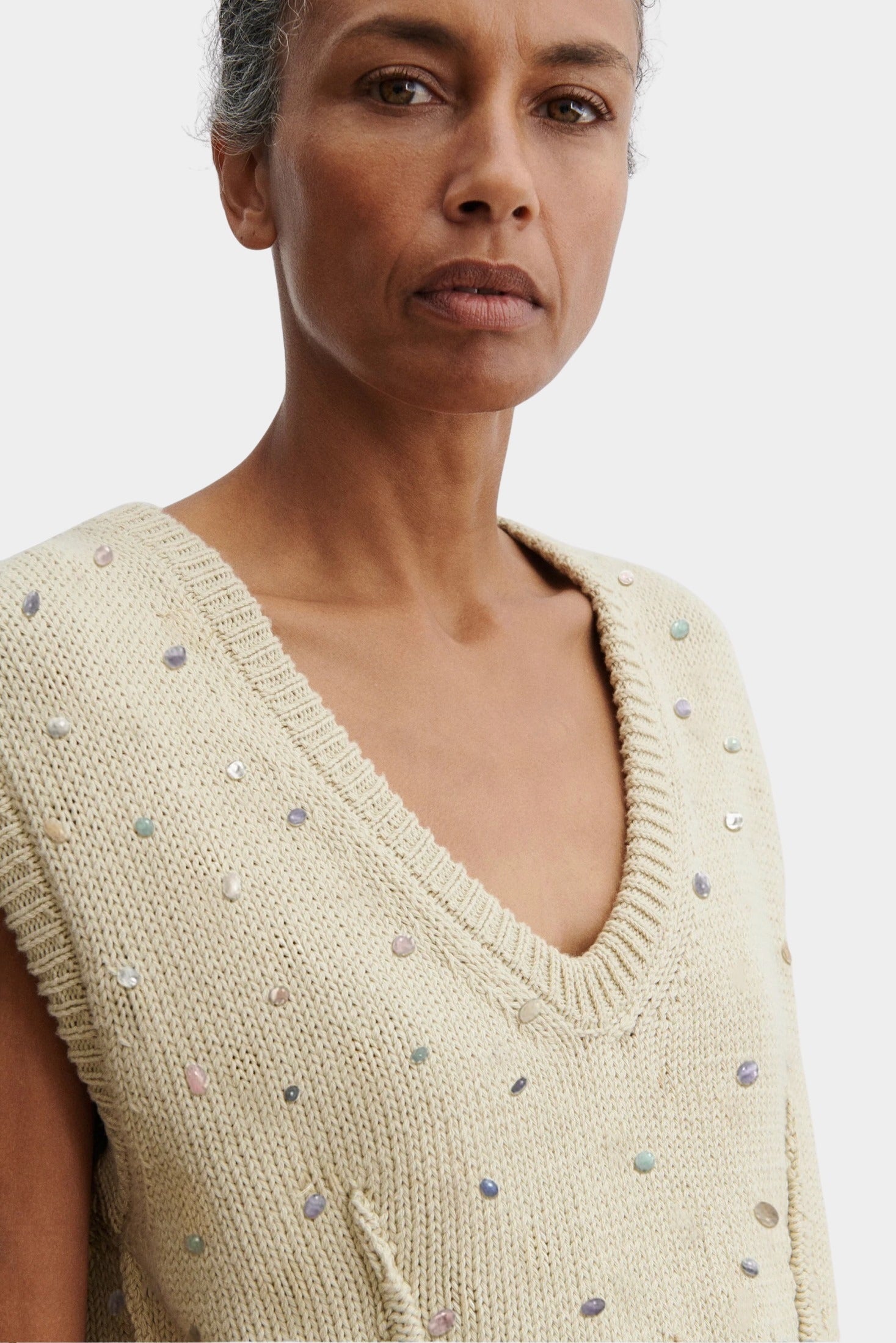 Rachel Comey Acrea Top dove cotton knit vest hand beaded V-neck close-up detail