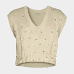 Rachel Comey Acrea Top dove chunky cotton knit V-neck vest hand beaded cropped sweater front view