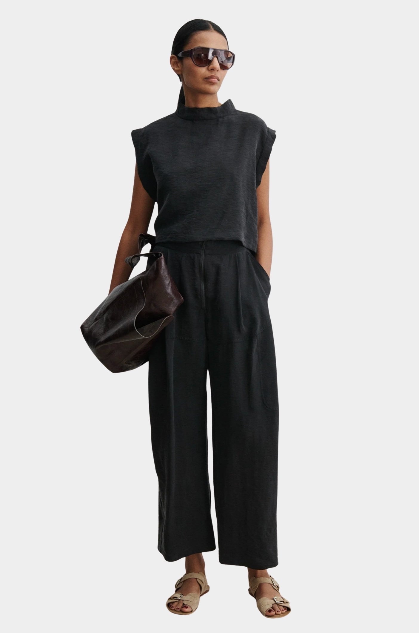Rachel Comey Bacchus top in black, full look showing relaxed fit, wide arm openings, and fluid drape